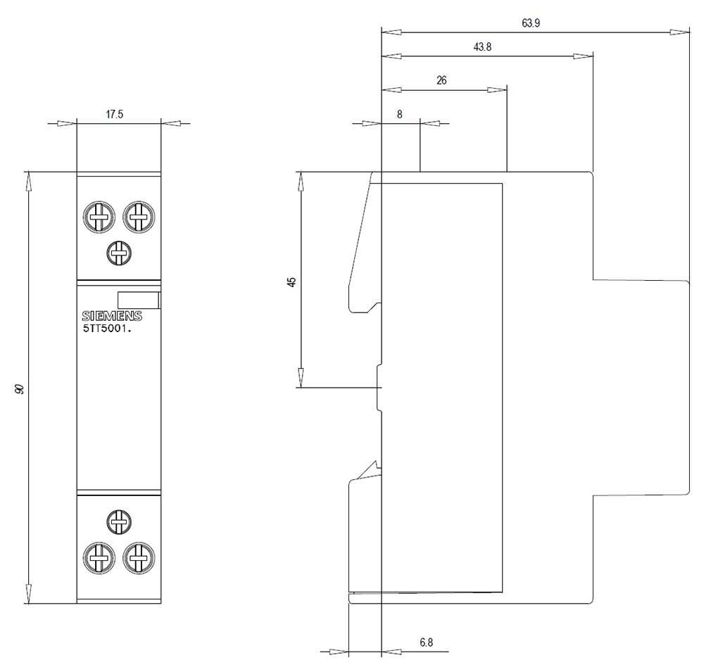 Technický výkres elektrického komponentu s rozmermi. Vľavo pohľad spredu, vpravo pohľad z boku. Hlavné rozmery: šírka 17,5 mm, hĺbka 62,9 mm, výška 90 mm.