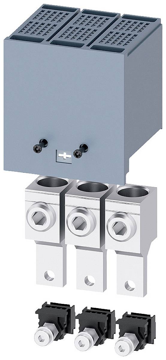 Priemyselný elektrický spínací prvok s kovovými kontaktmi a plastovými dielmi, používaný v distribučných systémoch pre elektrické pripojenia.