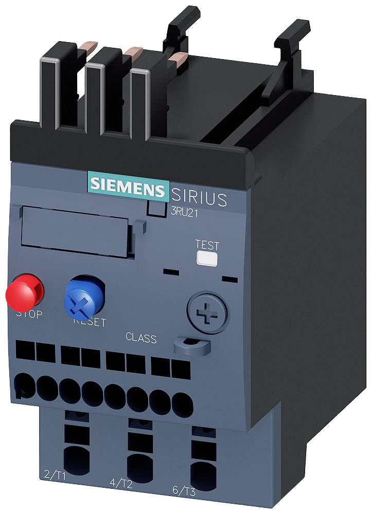 Siemens Sirius nadprúdové relé s testovacím tlačidlom a dvoma tlačidlami pre reset. Prípojky sú umiestnené dole.