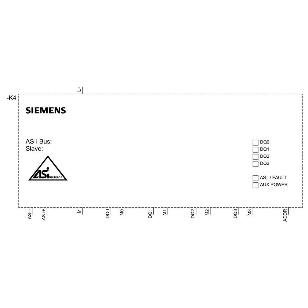 Technický výkres Siemens AS-i modulu. Zobrazuje pripojenia DQ0 až DQ3 a symboly pre AS-i/Poruchu a Pomocné napájanie. Obsahuje AS-i logo.