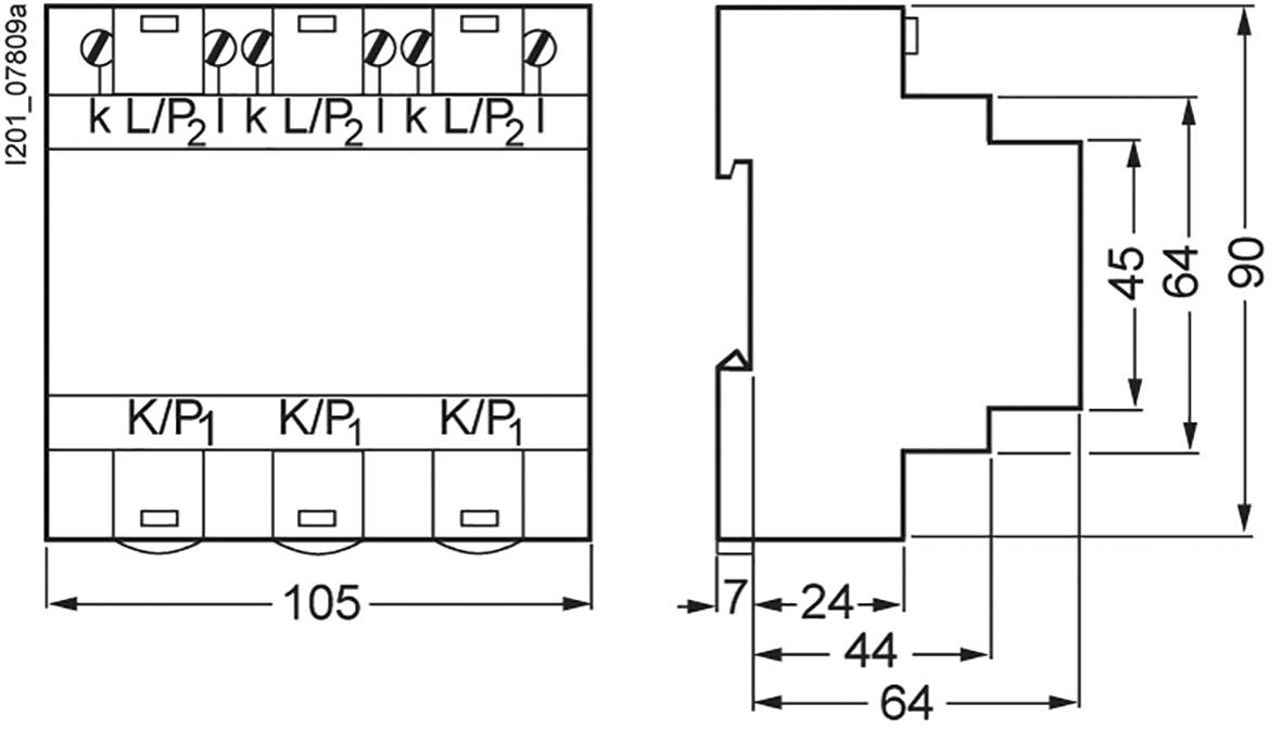 'Schéma elektrického komponentu s rozmermi: šírka 105 mm, výška 90 mm. Detaily pripojení K/P1 a L/P2 sú vyznačené.'