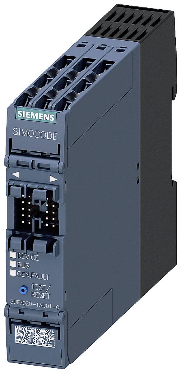 Modul Siemens SIMOCODE v tmavom kryte s prípojkami a stavovými indikátormi pre 'Zariadenie', 'Zbernica', 'Všeobecná porucha', ako aj tlačidlom 'Test/Reset'.
