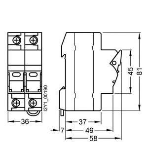 Technický výkres elektrického komponentu s rozmermi: šírka 36 mm, hĺbka 58 mm, výška 81 mm.