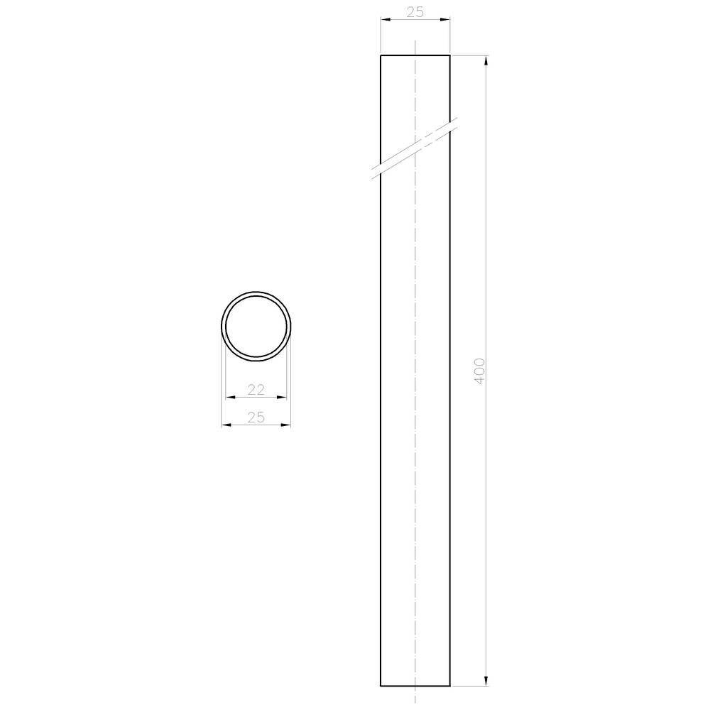 Technický výkres valca: Bočný pohľad s dĺžkou 400 mm a priemerom 25 mm. Pohľad zhora ukazuje priemer 22 mm.