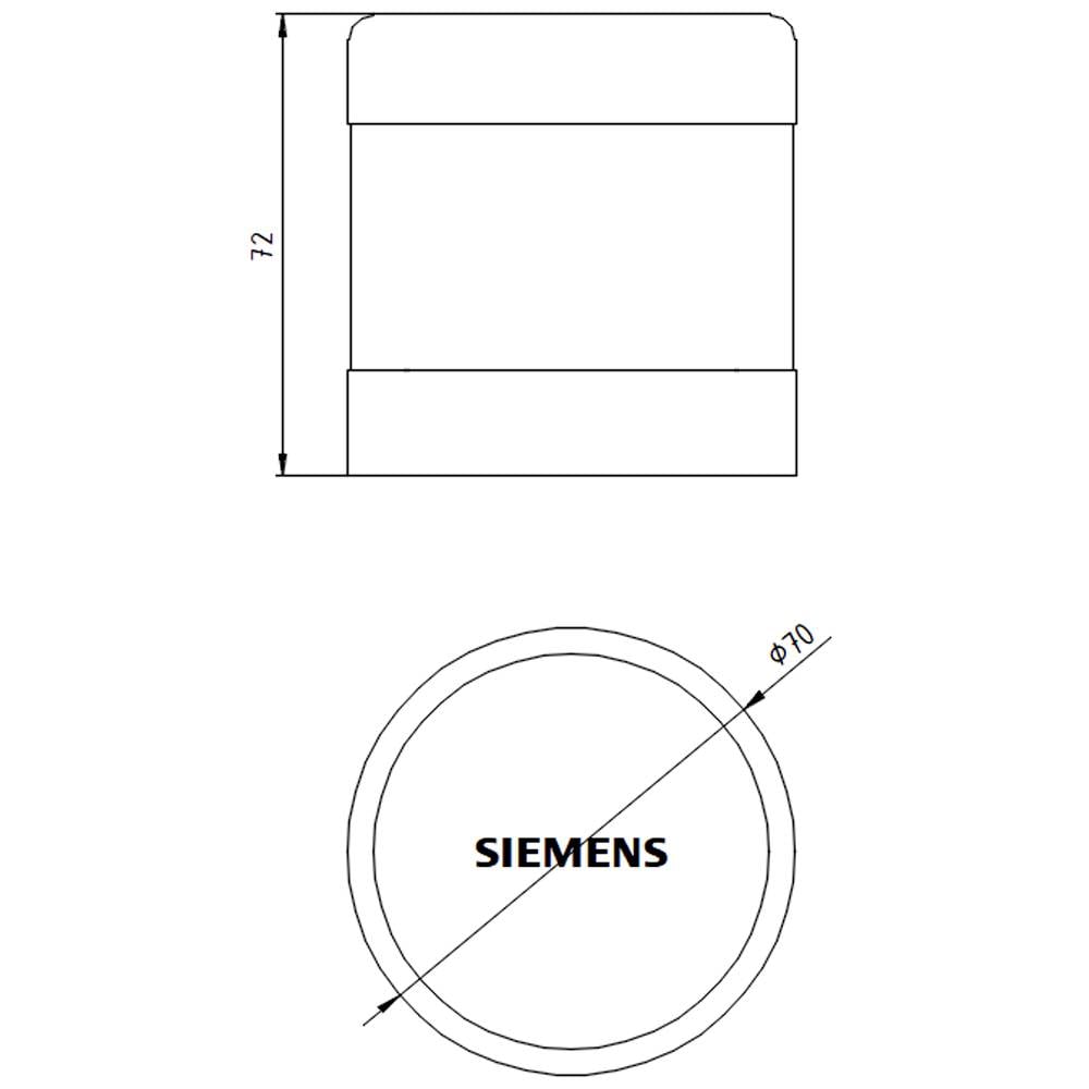 Rozmery valcovej komponenty s výškou 72 mm a priemerom 70 mm. Text 'SIEMENS' je viditeľný.
