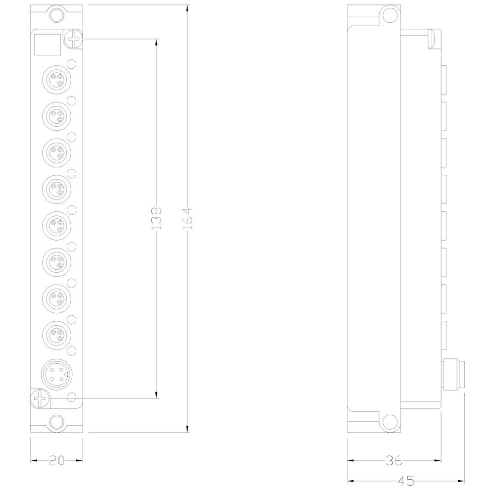 Technický nákres obdĺžnikového zariadenia s viacerými prípojkami. Rozmery: 164 mm dĺžka, 45 mm šírka, 36 mm výška.