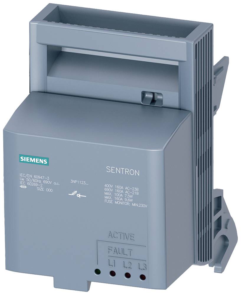 Sivé elektrické zariadenie značky Siemens, model SENTRON, s indikačným pruhom pre 'AKTÍVNY' a 'PORUCHA', ako aj L1, L2, L3.