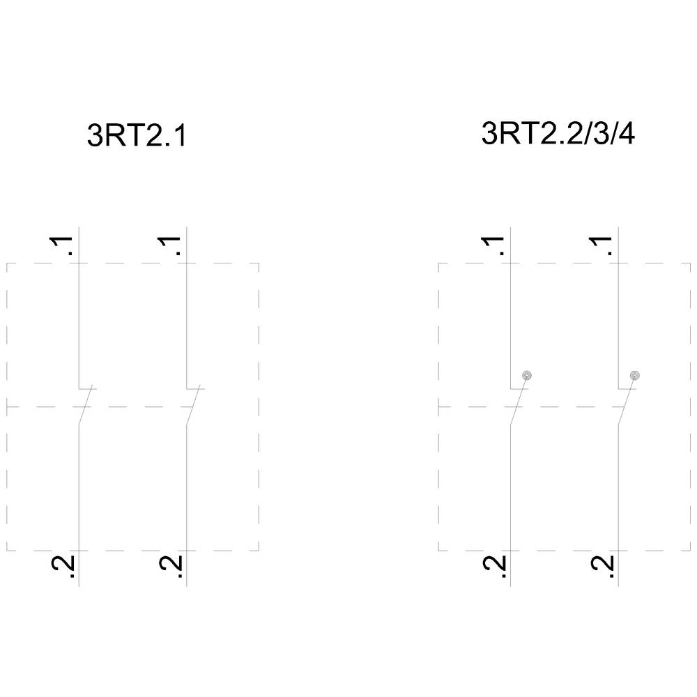 Dva elektrické spínacie symboly: Vľavo '3RT2.1' s dvoma vertikálnymi líniami a označením '1', '2'. Vpravo '3RT2.2/3/4' s podobnou štruktúrou.