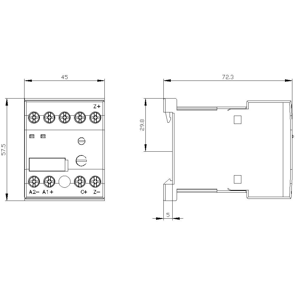 Technický výkres elektronického zariadenia s rozmermi: 45x57,5 mm, šírka 72,3 mm, výška 29,8 mm. Prípojné miesta sú vyznačené.