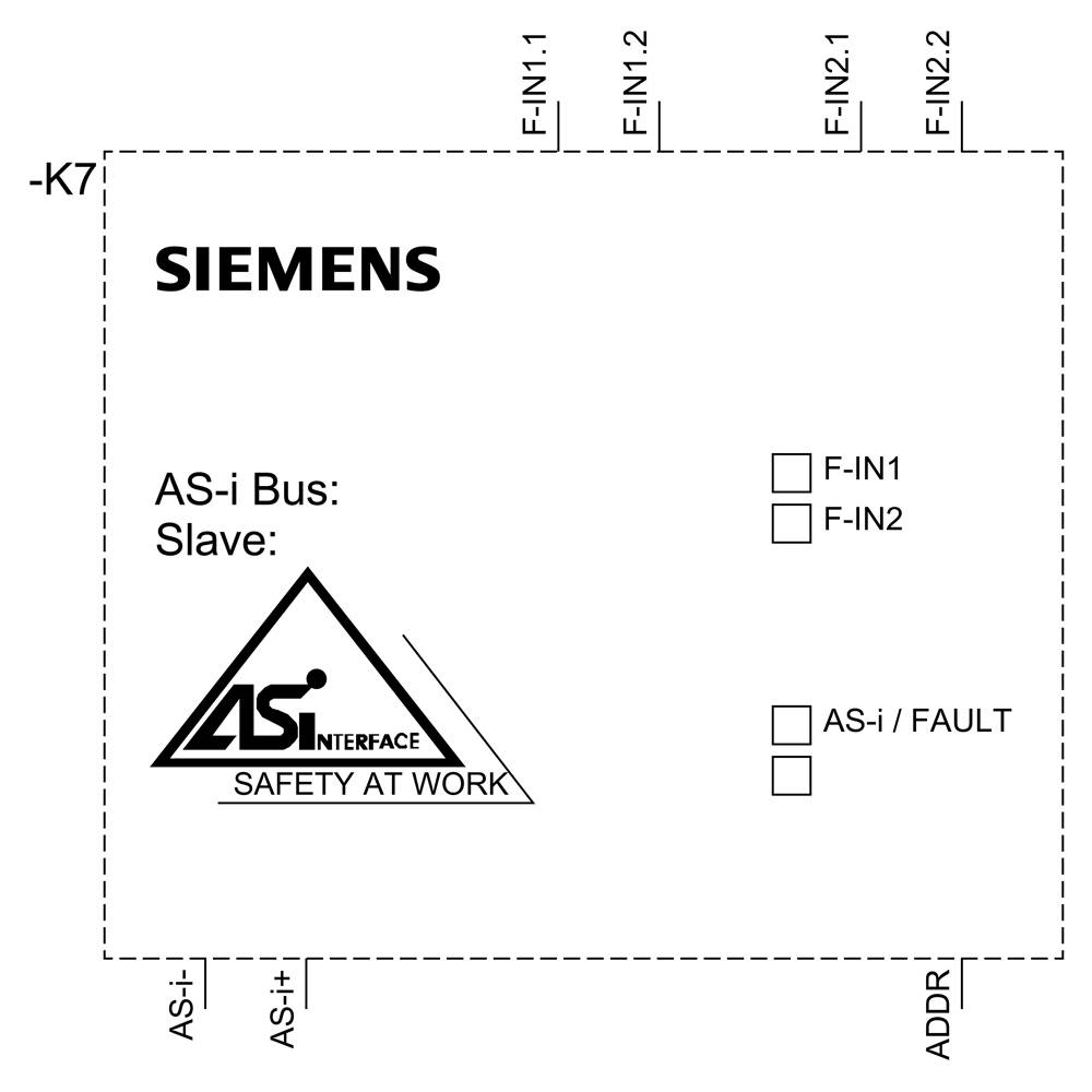 Podľa snímky ide o Siemens AS-i zbernicový slave modul, ktorý zobrazuje logo 'AS-Interface Safety at Work', vstupné svorky F-IN1, F-IN2, ako aj AS-i/FAULT a ADDR svorky.