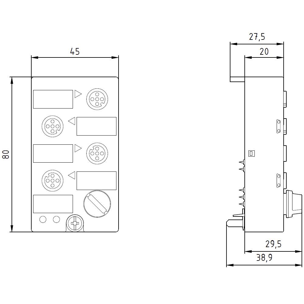 Technický výkres obdĺžnikového konektora s rozmermi: šírka 45 mm, výška 80 mm, bočný pohľad hlboký 27,5 mm.