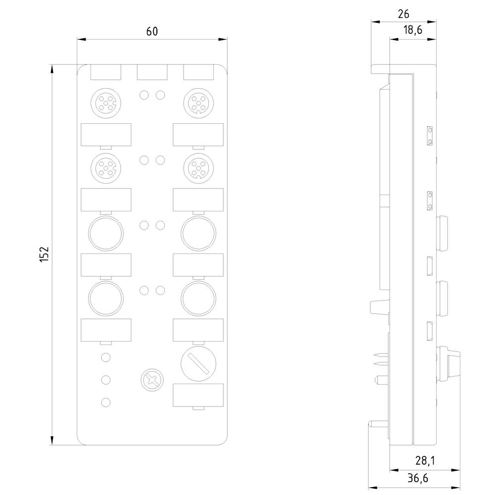 Technický výkres obdĺžnikového elektrického zariadenia s rozmermi: dĺžka 152 mm, šírka 60 mm. Výška v bočnom pohľade 36,6 mm.