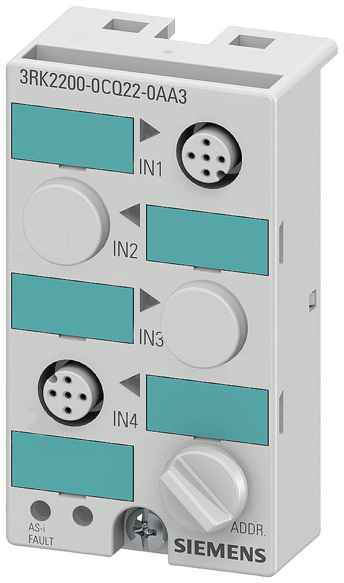 AS-i modul od spoločnosti Siemens s prípojkami IN1 až IN4, číslo modelu 3RK2200-0CQ22-0AA3, používaný pre priemyselnú automatizáciu.