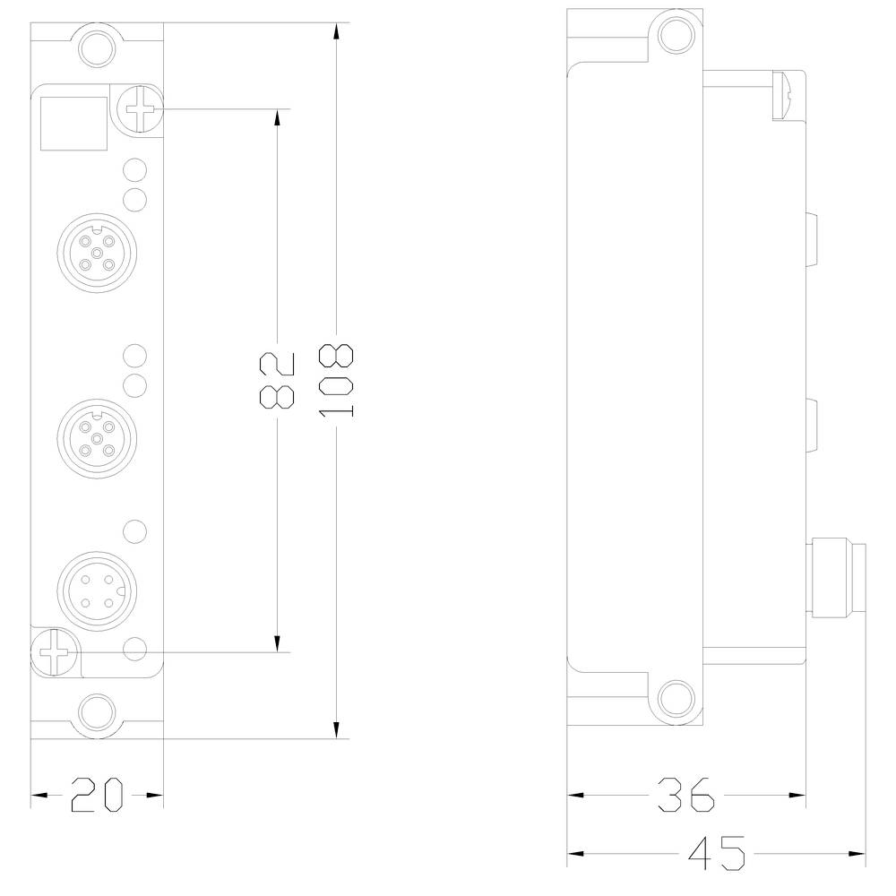 Technický nákres obdĺžnikového zariadenia s prípojnými zásuvkami a rozmermi: šírka 20 mm, výška 82 mm, hĺbka 36 mm.