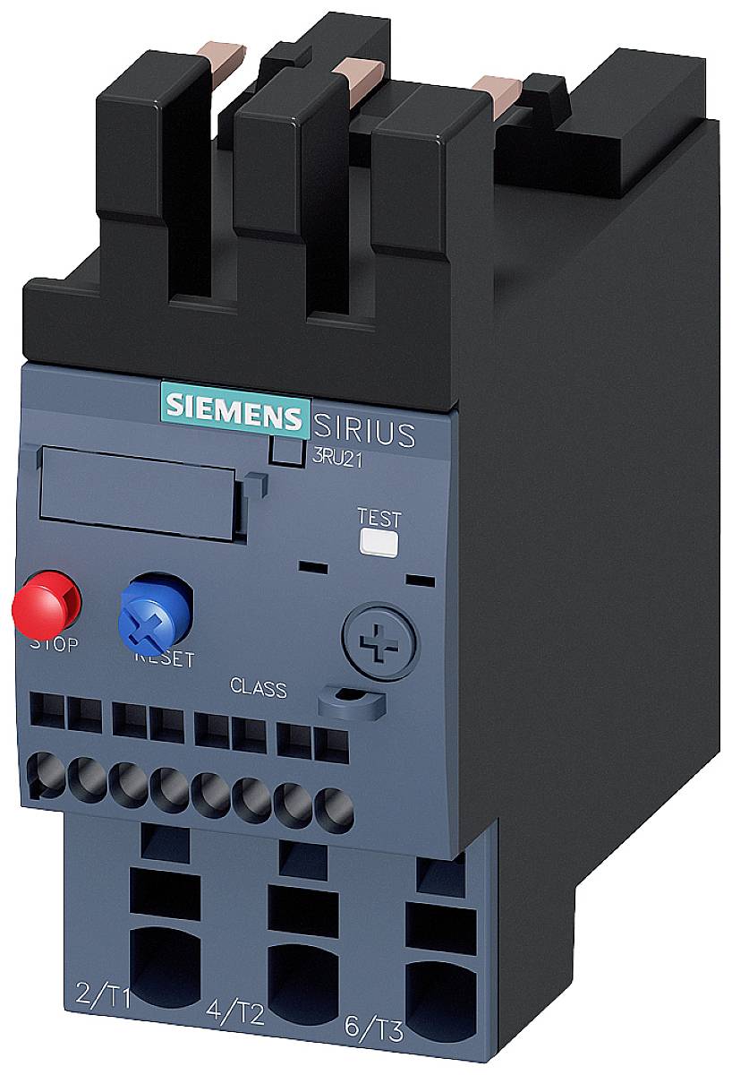 Priemyselné komponenty: Nadprúdové relé od Siemens, model 'SIRIUS 3RU21' s tlačidlami 'Stop' a 'Reset' v čiernom kryte.
