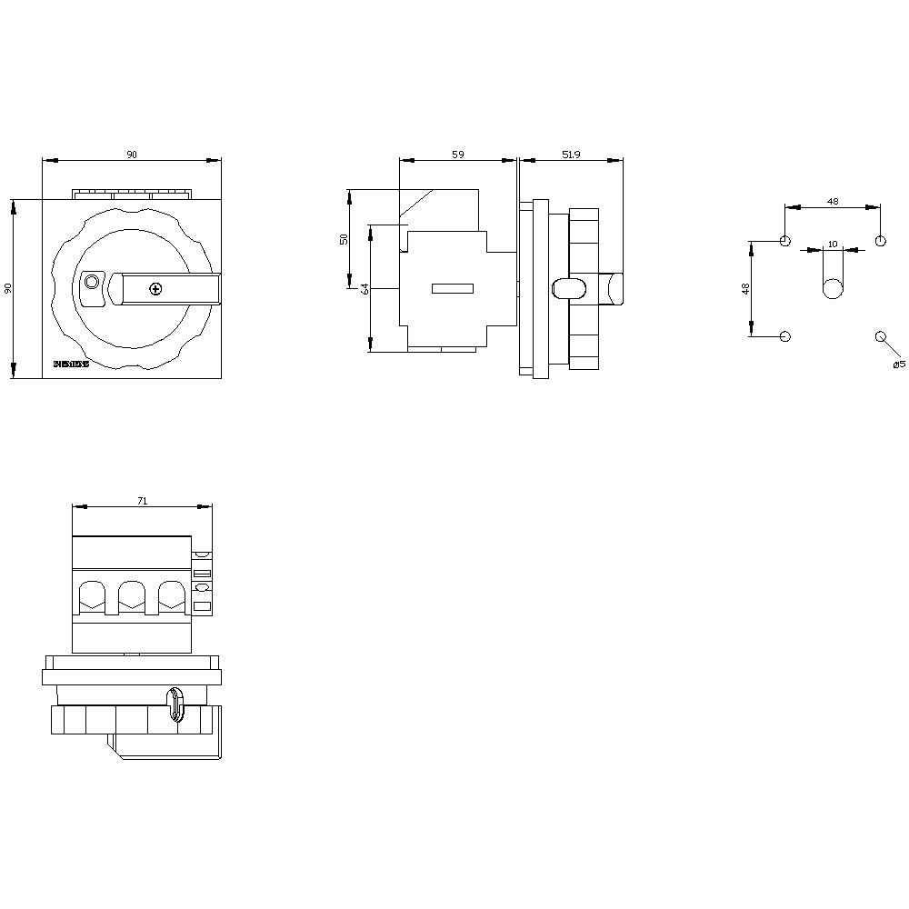 Technický výkres spínača s rôznymi pohľadmi a rozmermi v milimetroch: čelný pohľad, bočný pohľad a pohľad zhora.