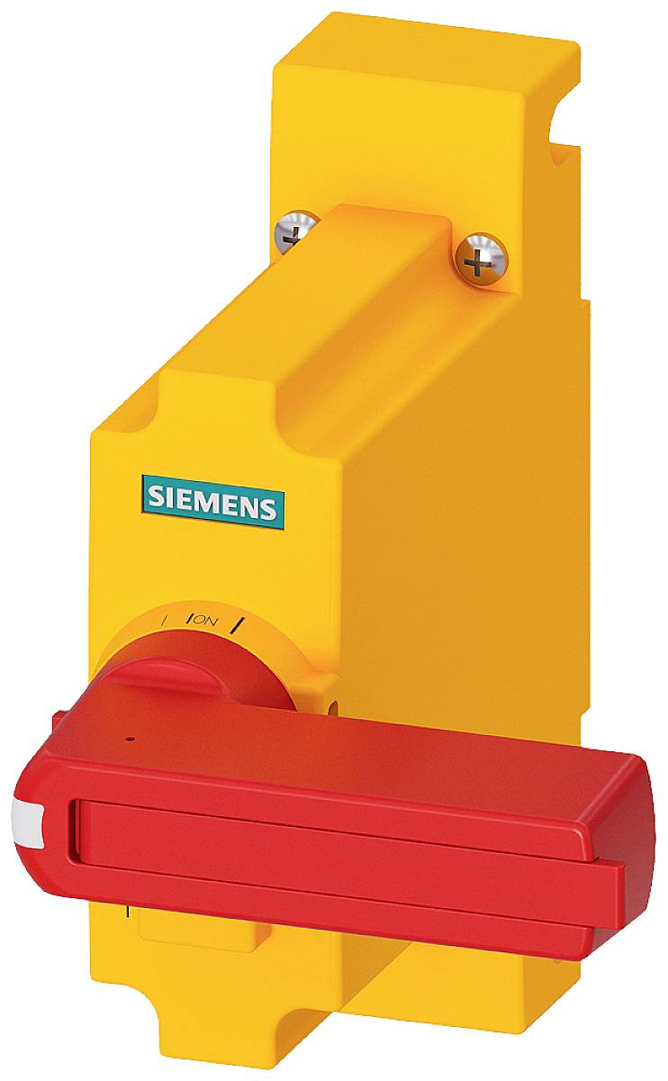 Žltý hlavný vypínač Siemens s červenou otočnou rukoväťou, namontovaný na povrchu, slúži na bezpečné prerušenie elektrického prúdu v priemyselných aplikáciách.