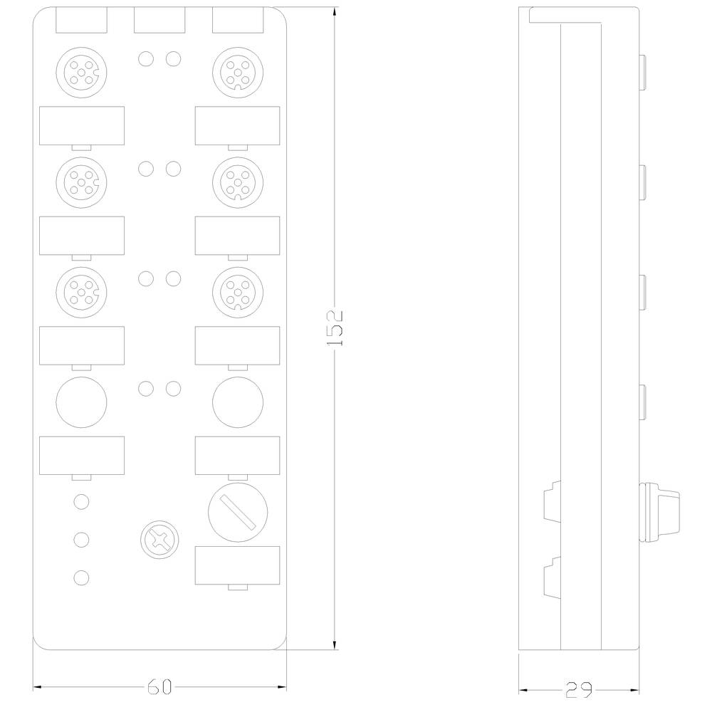 Technický nákres obdĺžnikového elektronického zariadenia s rozmermi: 152 mm x 60 mm x 29 mm. Obsahuje konektory na hornej strane.