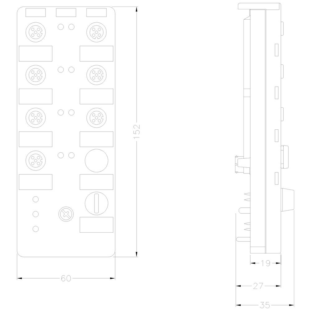 Technický výkres elektrického modulu: Pohľad spredu zobrazuje osem okrúhlych konektorov, rozmery 60x152 mm; Pohľad z boku ukazuje hĺbku 35 mm.