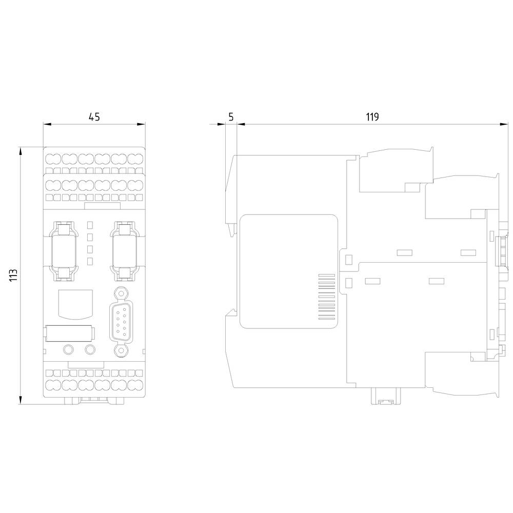 Schéma elektrického zariadenia s rozmermi: 113 x 45 mm zhora, 119 x 5 mm z boku; zobrazuje pripojenia a komponenty.