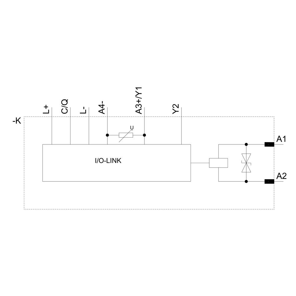 Schematický nákres I/O-Link systému s prípojkami K+, C/Q, L-, A4-, A3/Y1 a Y2, prepojený s obvodom A1 a A2.