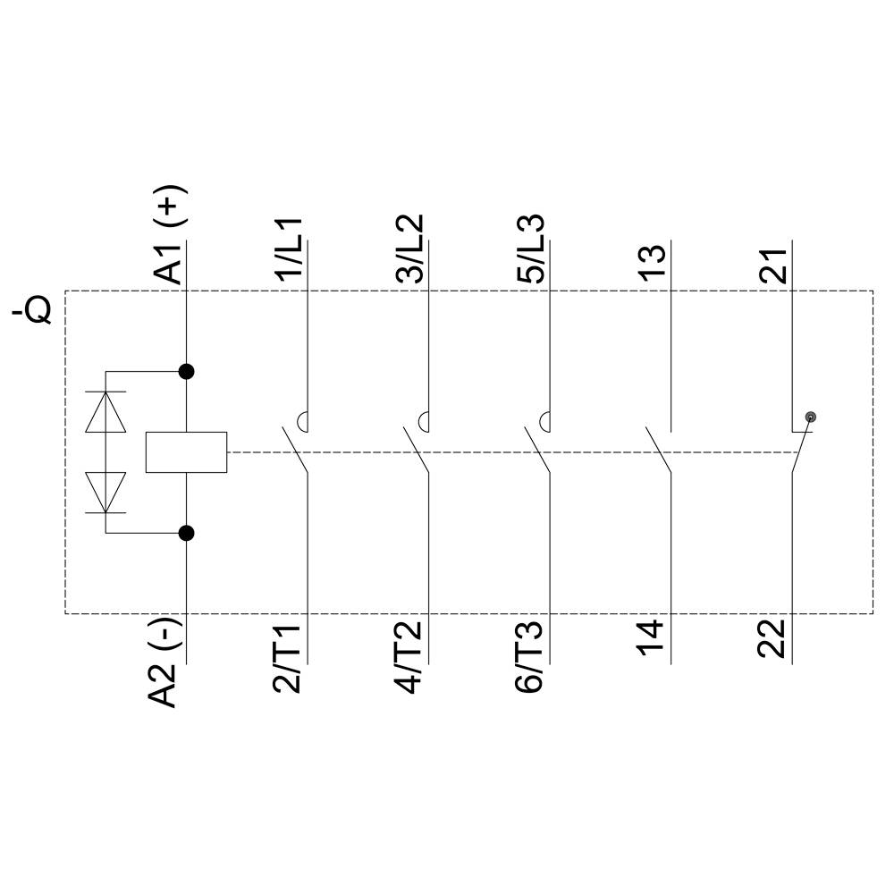 Schéma zapojenia ovládacieho obvodu s svorkami A1 (+), A2 (-) a radmi: 1/L1, 3/L2, 5/L3, 2/T1, 4/T2, 6/T3, 13, 14, 21, 22.