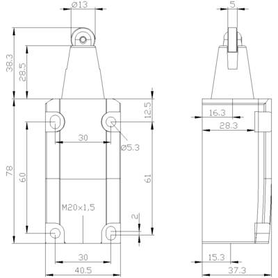 Technický výkres súčiastky s rozmermi: šírka 40,5 mm, výška 78 mm, otvory Ø5,3 mm, závit M20x1,5.