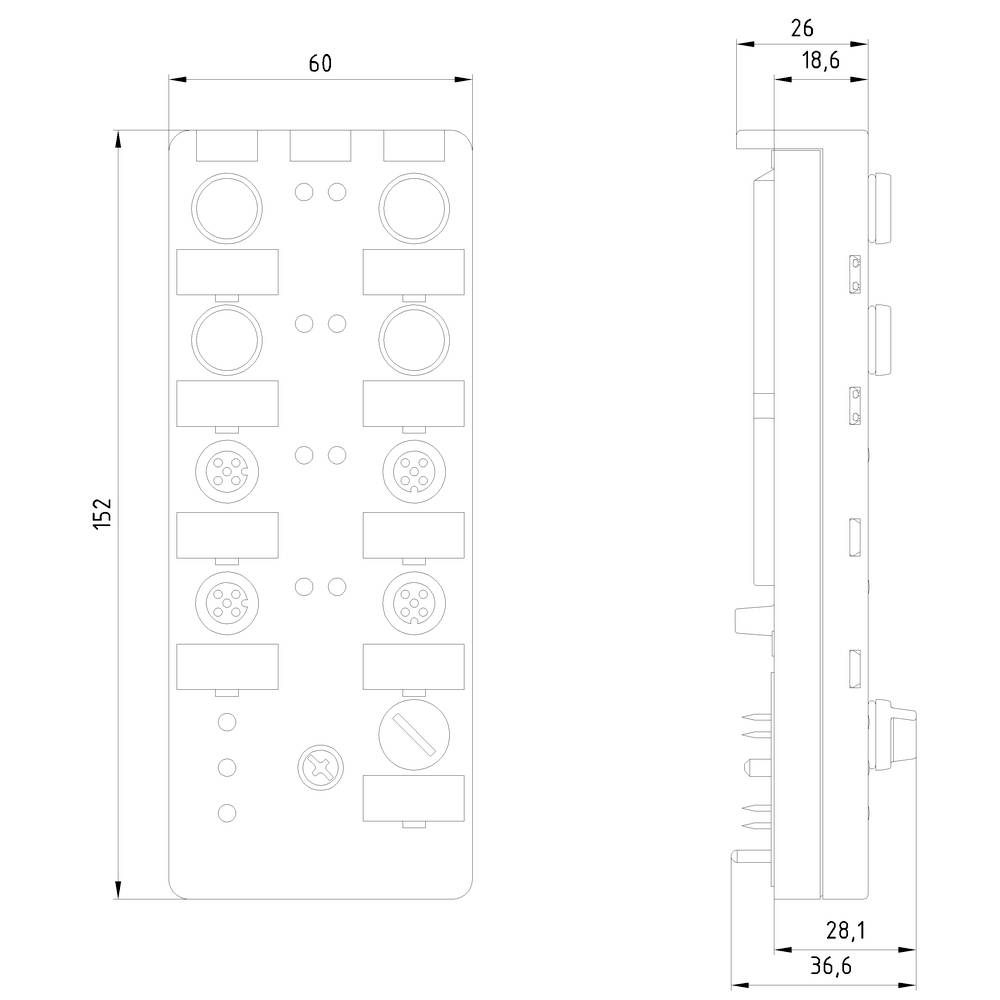 Technický výkres obdĺžnikového zariadenia s rozmermi: 152 mm x 60 mm x 36,6 mm. Obsahuje niekoľko konektorov a ovládacích prvkov.