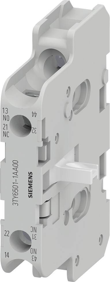 'Siemens 3TX6506-1A00', elektrické príslušenstvo stykača, sivé, vertikálny pohľad.