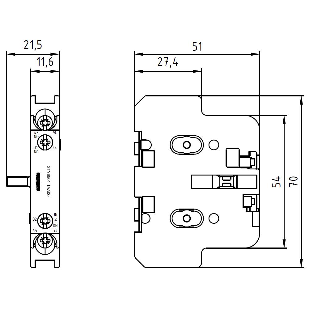 Technický výkres elektrického spínača s rozmermi: šírka 21,6 mm, hĺbka 54 mm, výška 70 mm. Zobrazenie skrutiek a pripojovacích bodov.