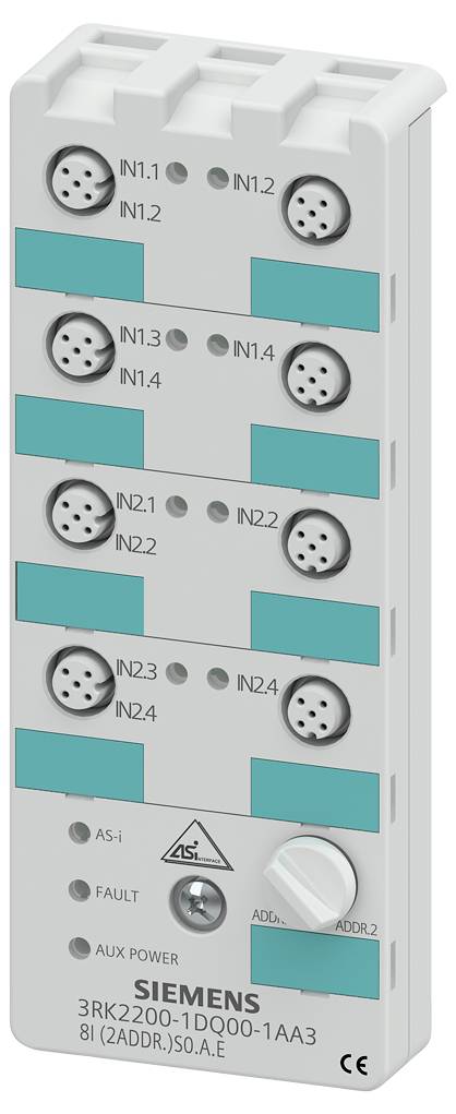 Sivý Siemens modul s modrými vertikálnymi pruhmi, viacerými pripojovacími zásuvkami, označeniami IN1 až IN4 a symbolom AS-i.