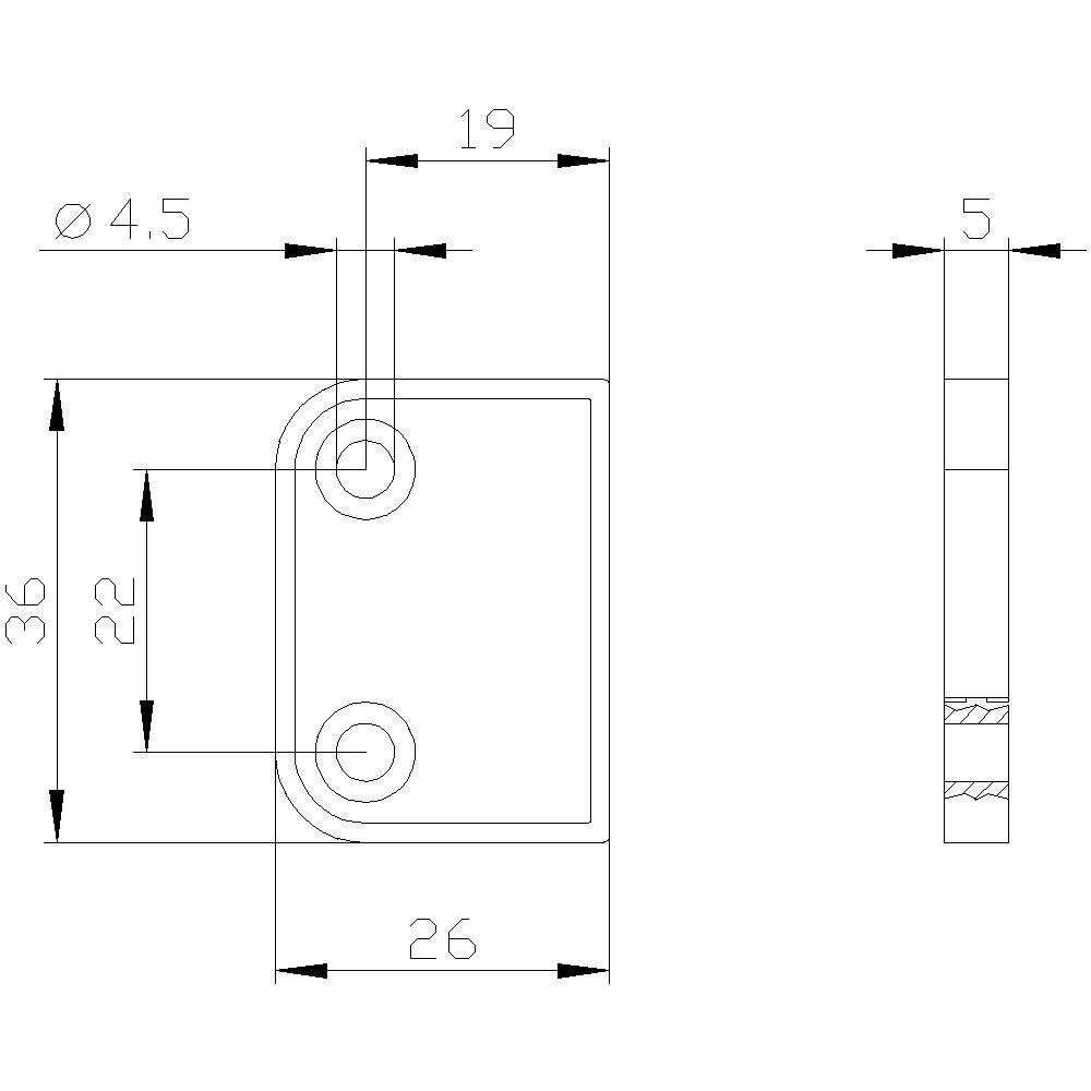Technický výkres kovového uholníka s rozmermi: šírka 26 mm, výška 36 mm, rozstup otvorov 19 mm, priemer otvoru 4,5 mm.