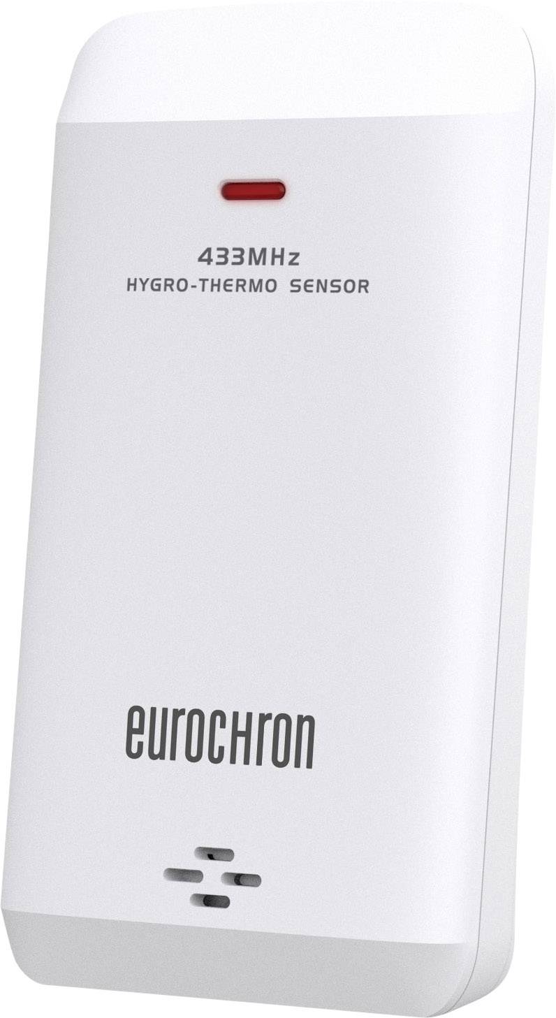 Biely hygro-termo senzor s nápisom '433 MHz' a 'eurochron'. Zariadenie na meranie teploty a vlhkosti vzduchu.