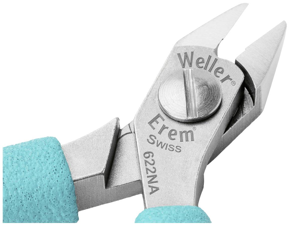 Detailný záber nástroja Erem so zelenými rukoväťami a presnými rezacími čepeľami. Text na nástroji: 'Weller Erem Swiss 622NA'.