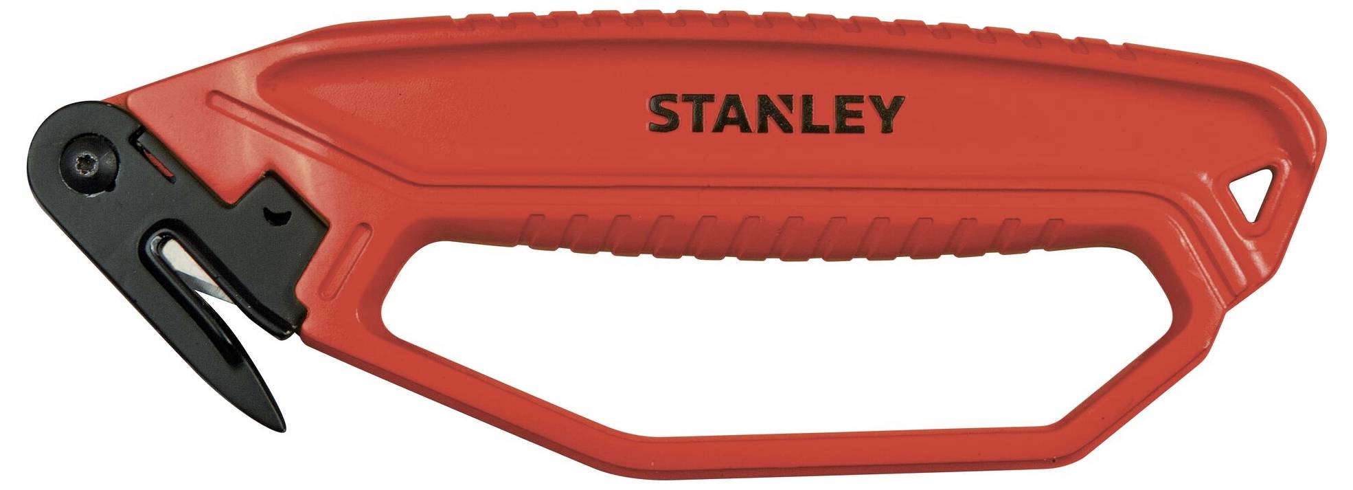 Červený bezpečnostný nôž značky Stanley s čepeľou a rukoväťou pre bezpečné použitie.