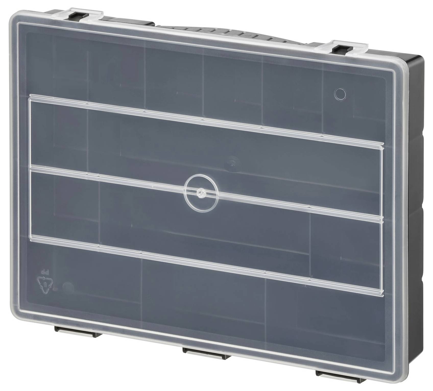 Uzavretý plastový box s priehľadným vekom a niekoľkými vnútornými priehradkami, vhodný na uskladnenie malých predmetov.