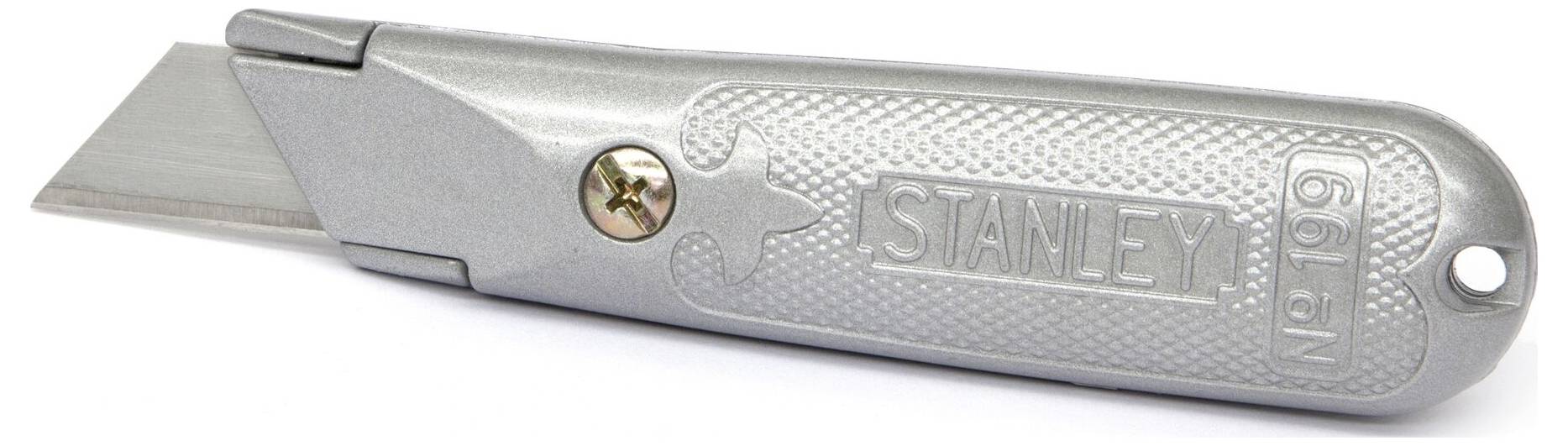 Strieborný univerzálny nôž s pevnou čepeľou a nápisom 'STANLEY No 199' na rukoväti.