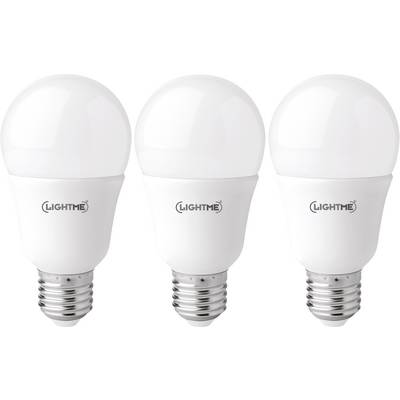 Tri biele LED žiarovky so skrutkovým päticou značky 'Lightme' usporiadané vedľa seba.