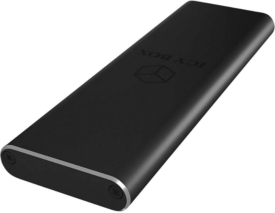 Čierna, obdĺžniková, prenosná schránka na externý pevný disk. Označená nápisom 'ICY BOX' v strede. Kompaktná a ľahká.