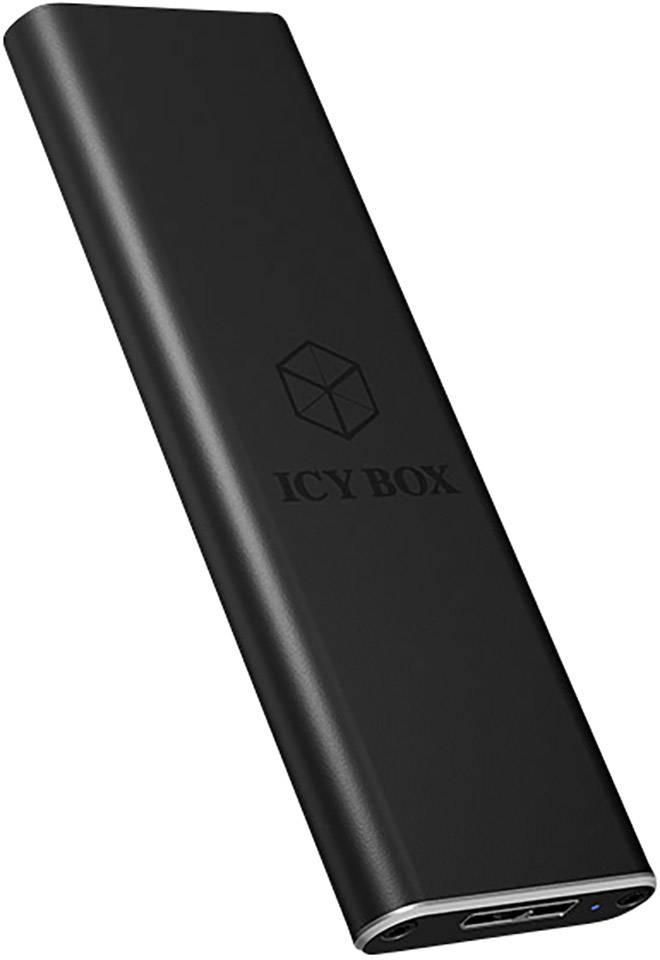 Štíhly, čierny externý kryt na pevný disk s logom 'ICY BOX' v strede. Vpravo hore sa nachádza malá modrá LED indikácia.