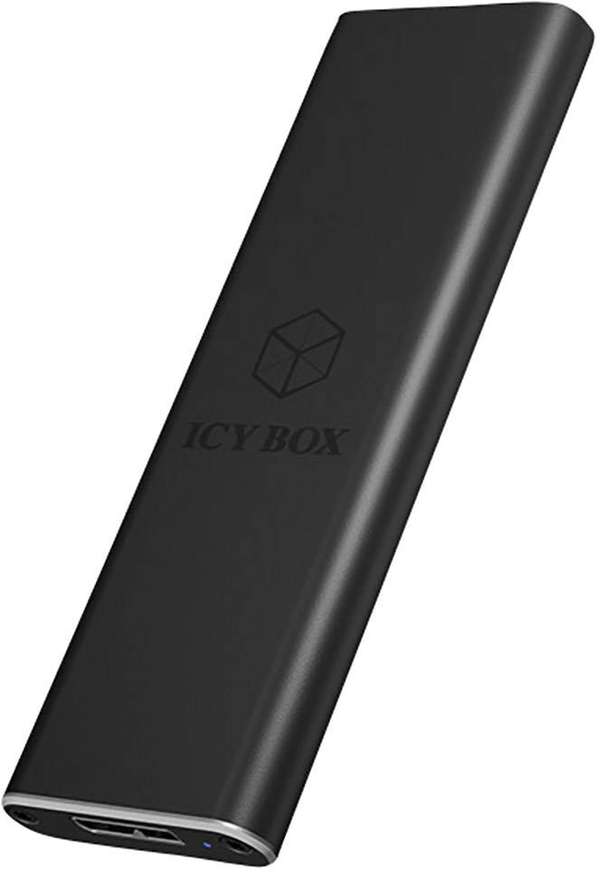 Externé čierne púzdra na pevné disky s logom 'ICY BOX', obdĺžnikového tvaru, štíhleho dizajnu.
