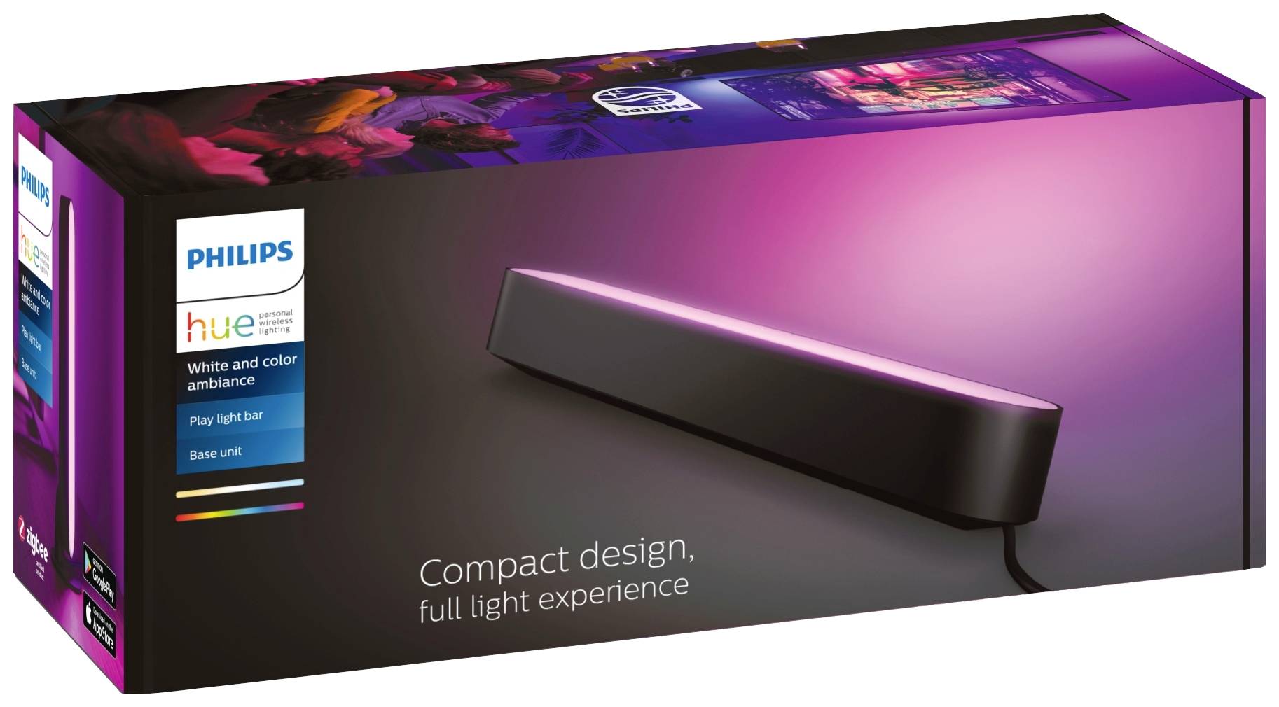 Svetelná lišta Philips Hue Play v čiernom balení, propaguje 'Kompaktný dizajn, plný svetelný zážitok'.