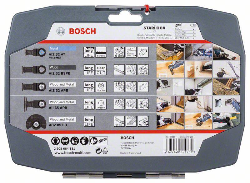 Sada príslušenstva Bosch Starlock multinástroja s rôznymi pílkovými listami na kov, drevo a plasty vrátane návodu na použitie.