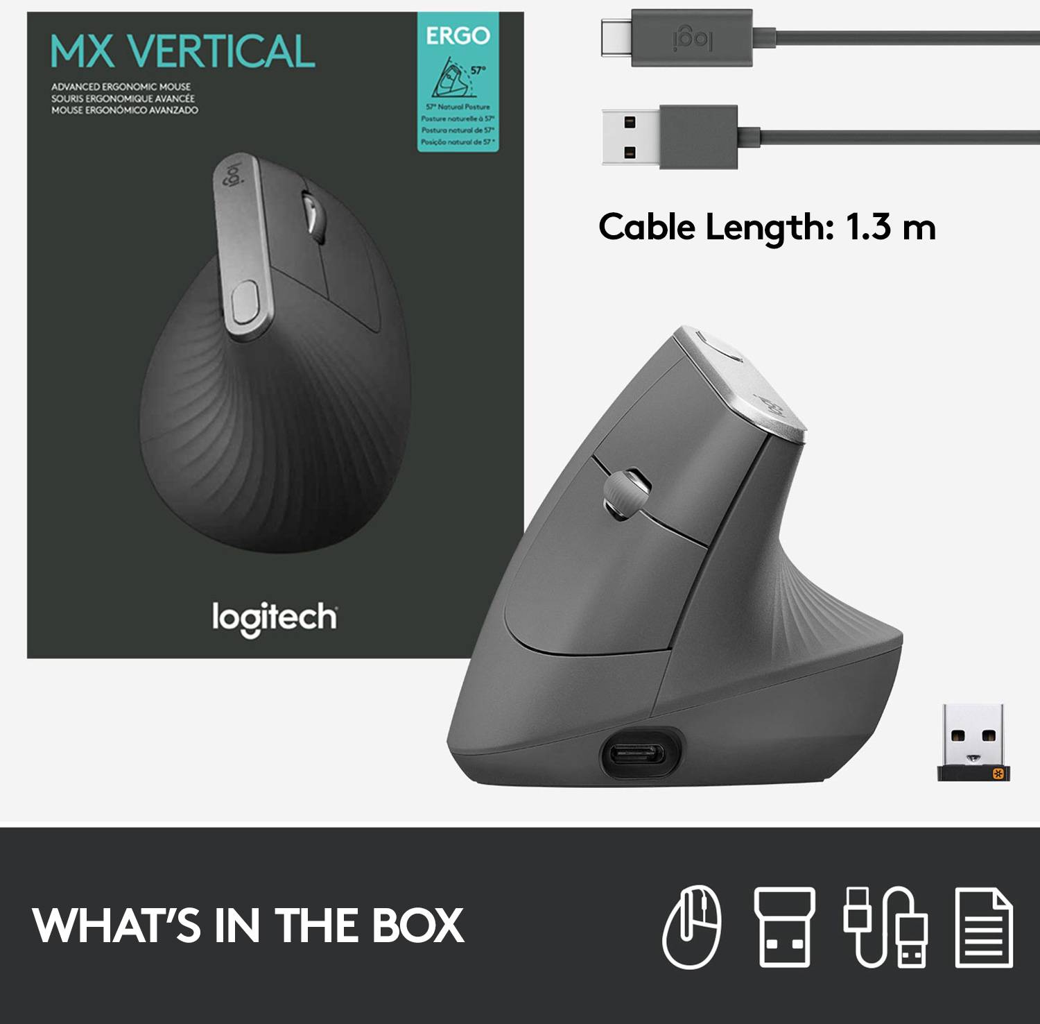 Ergonomická myš Logitech MX Vertical, aerodynamický dizajn, nabíjateľná, USB-C, dĺžka kábla 1,3 m, s USB prijímačom.