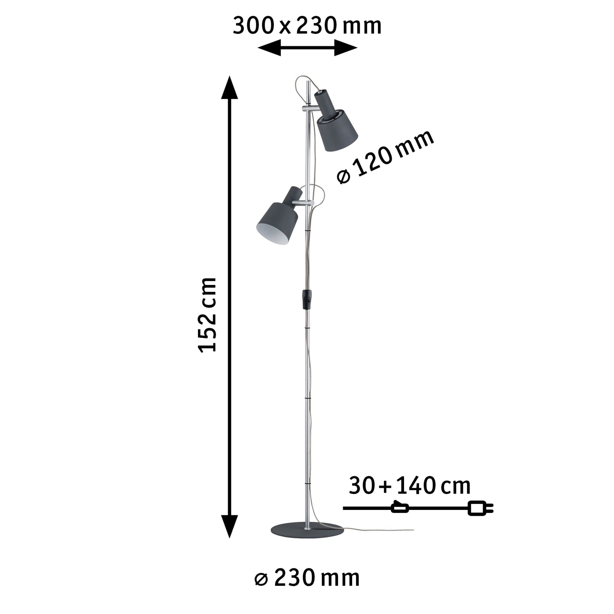 Stojanová lampa s dvoma nastaviteľnými tienidlami, výška 152 cm; priemer základne 230 mm. Rozmery tienidiel: Ø 120 mm.