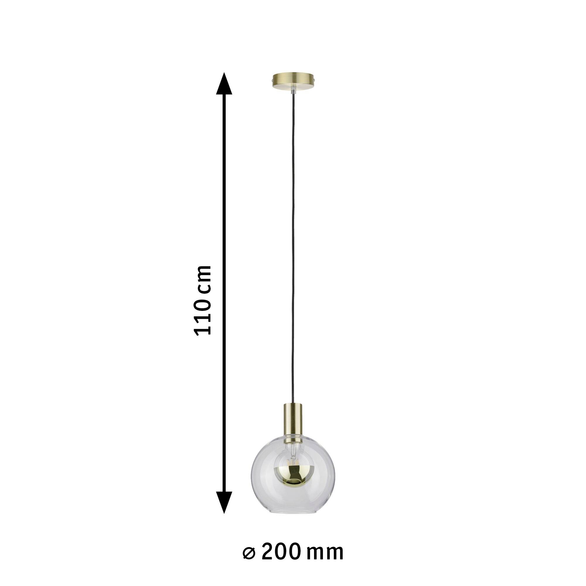 Závesné svietidlo s priehľadnou sklenenou guľou, mosadznými detailmi, výška 110 cm, priemer 200 mm.