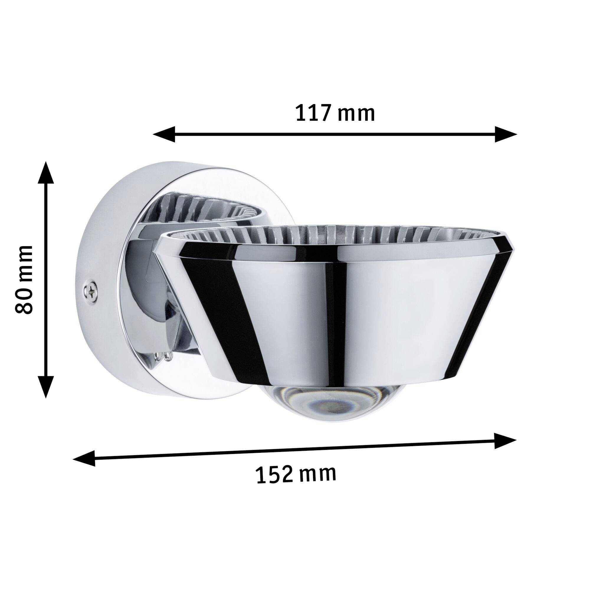 Nástenná lampa v chrómovom prevedení, meria 80 mm na výške, 117 mm v hĺbke a má priemer 152 mm.