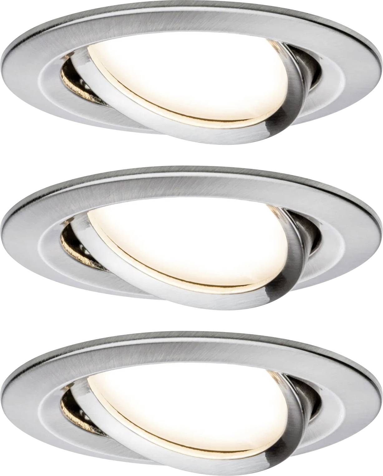 Tri okrúhle strieborné stropné LED reflektory s nastaviteľným uhlom sklonu, ktoré jemne osvecujú priestor. Ideálne pre flexibilné osvetlenie v moderných miestnostiach.