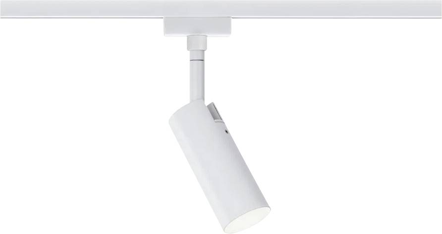 Biely stropný reflektor s valcovitým tvarom, namontovaný na lište a smerujúci nadol. Vhodný pre cielenú svetelnú atmosféru.