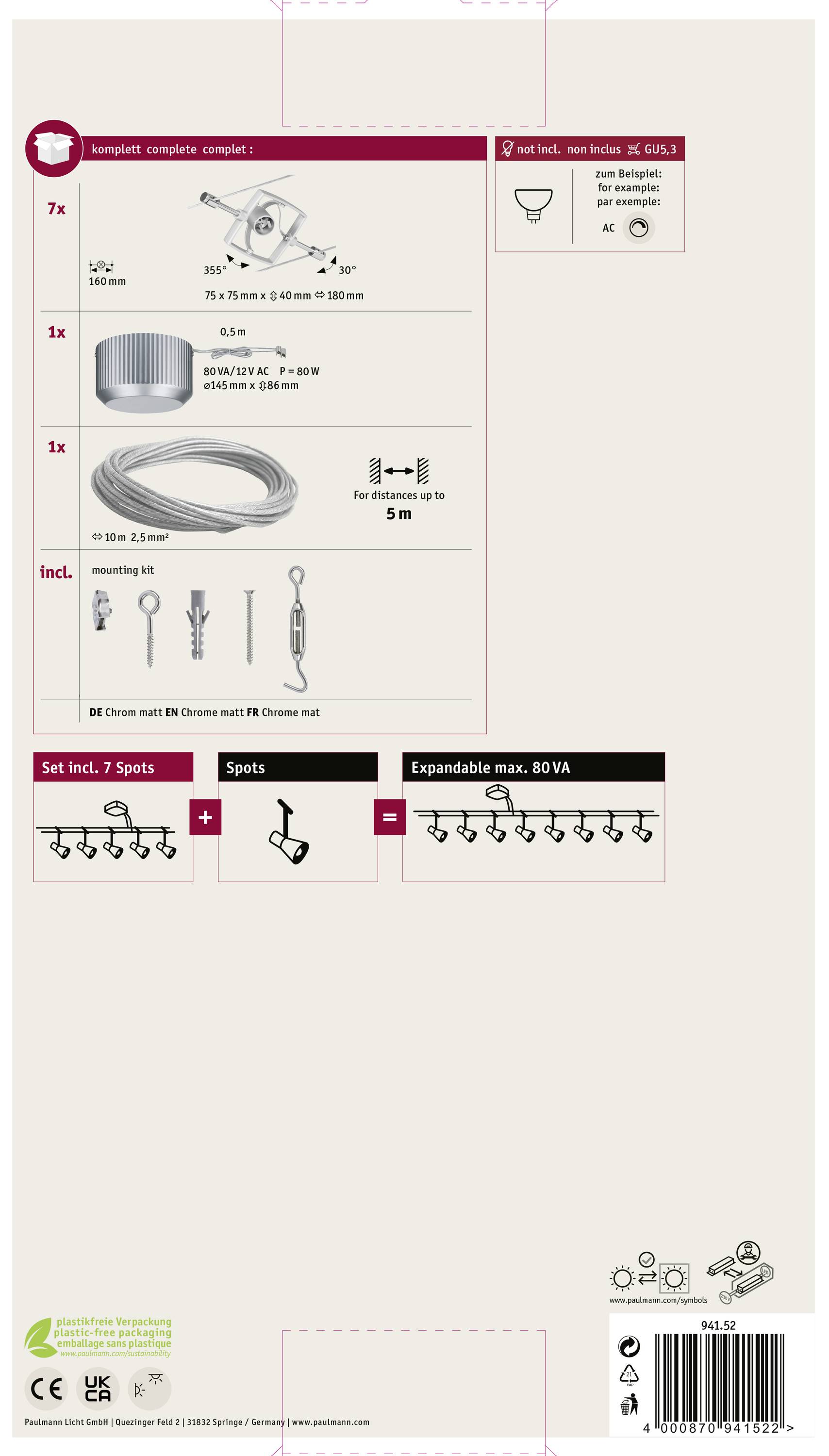 'Súprava obsahuje 7 svetiel a je rozšíriteľná až do max. 80 VA. Vrátane kábla, transformátora a montážneho materiálu.'